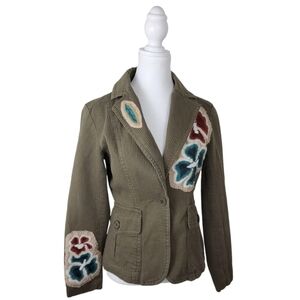 AZIZ Anthropologie Size Small Embroidered Flower Ribbed Jacket Blazer/ Green